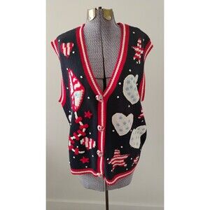 Vtg Eagles Eye Womens Sweater Vest Stars Hearts Patriotic Knit Grandma EUC Sz L